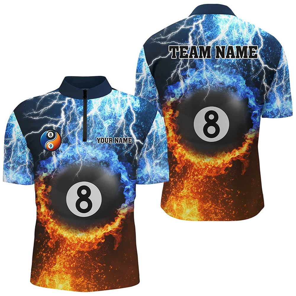 Billiard Polo Shirts, Fire And Water 8 Ball Pool Thunder Lightning Custom Billiard Shirts, Funny Billiard Jerseys, Billiards Team Shirts