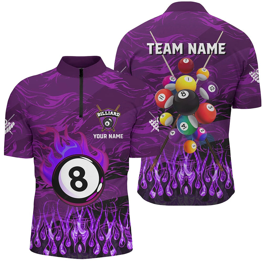 Billiard Polo Shirts, Fire Flame Purple 3D Billiard Balls Polo Shirts Custom Billiard Jersey Attire, Billiards Team Shirts