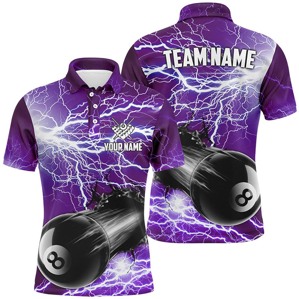 Billiard Polo Shirts, Funny 8 Ball Pool Rush Out Custom Thunder Lightning Purple Polo Shirt Best Billiard Team Shirts, Billiards Team Shirts