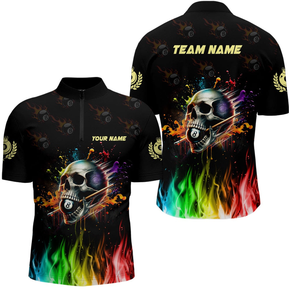 Billiard Polo Shirts, Funny Billiard Colorful Skull Personalized Polo Shirts, Custom Team Name Billiard Attire, Billiards Team Shirts