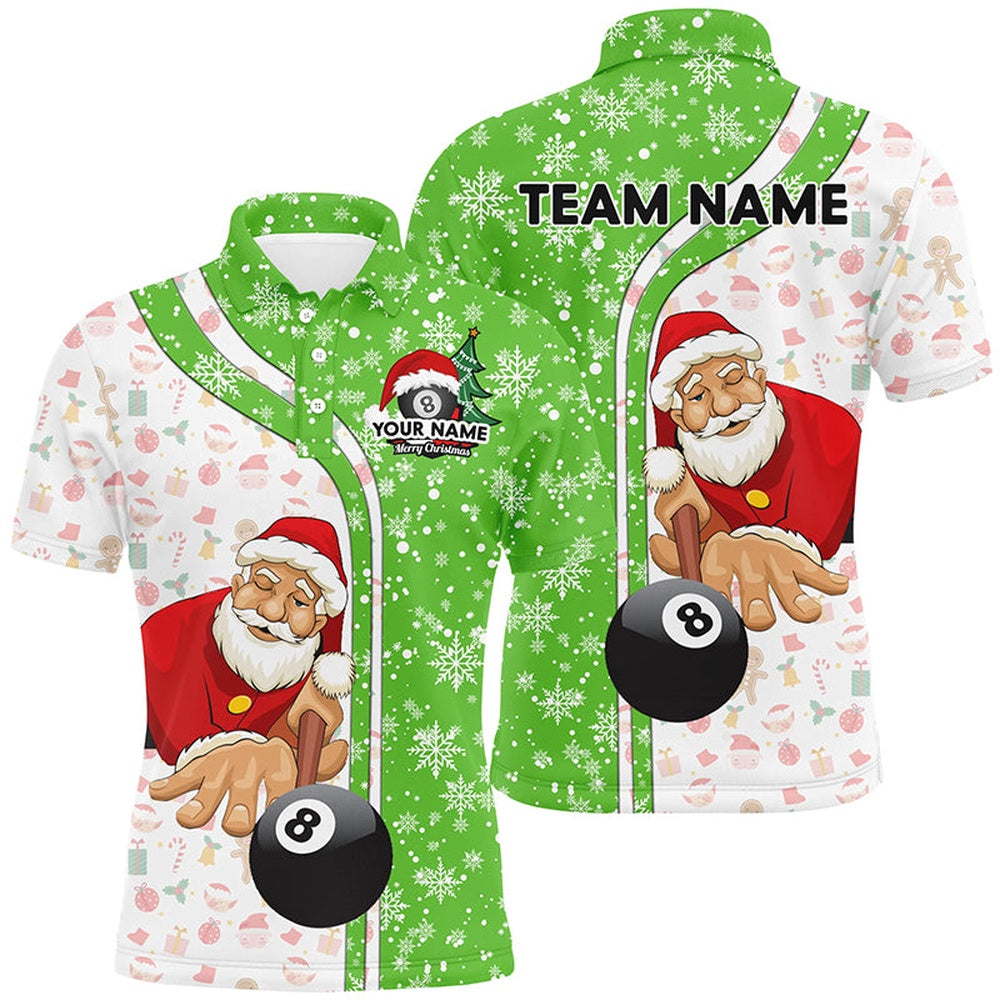 Billiard Polo Shirts, Funny Christmas Santa Play Pool Personalized Green Billiard 8 Ball Snowflake Polo Shirts, Billiards Team Shirts
