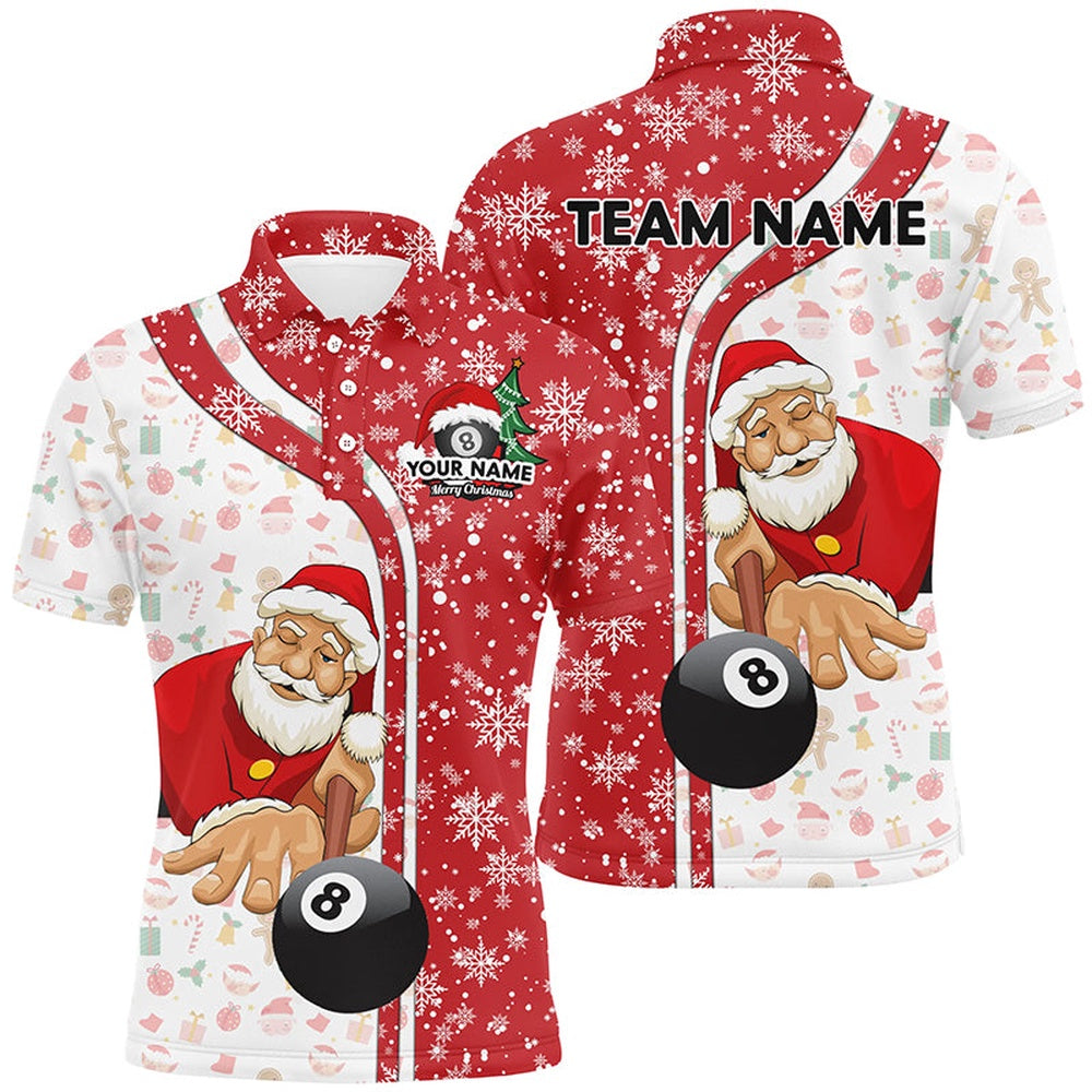 Billiard Polo Shirts, Funny Christmas Santa Play Pool Personalized Red Billiard 8 Ball Snowflake Polo Shirts, Billiards Team Shirts