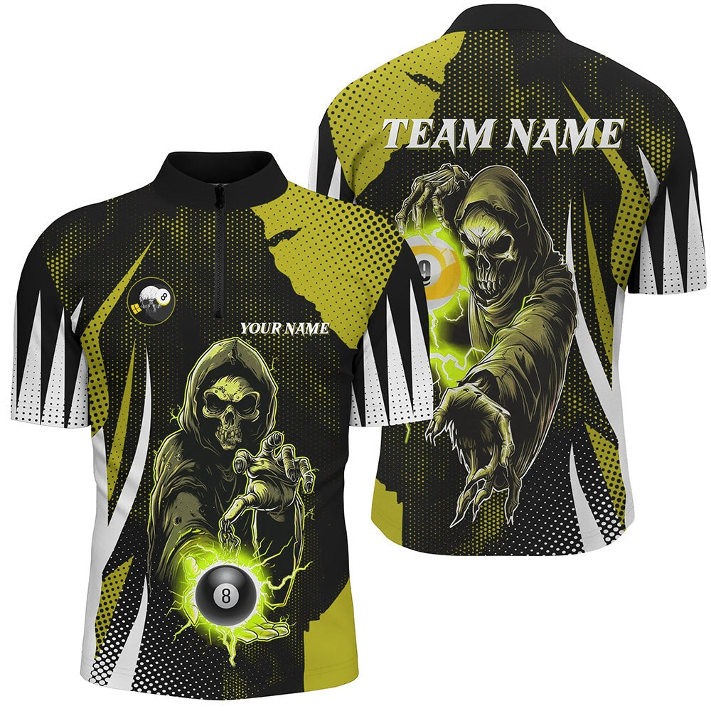 Billiard Polo Shirts, Funny Yellow Death Skeleton With Billiard 8 Ball & 9 Ball Polo Shirts Custom Billiard Team Jersey, Billiards Team Shirts