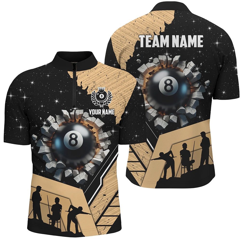Billiard Polo Shirts, Gold Funny 8 Ball Pool Crack Polo Shirts Custom Team League Billiard Jersey, Billiards Team Shirts