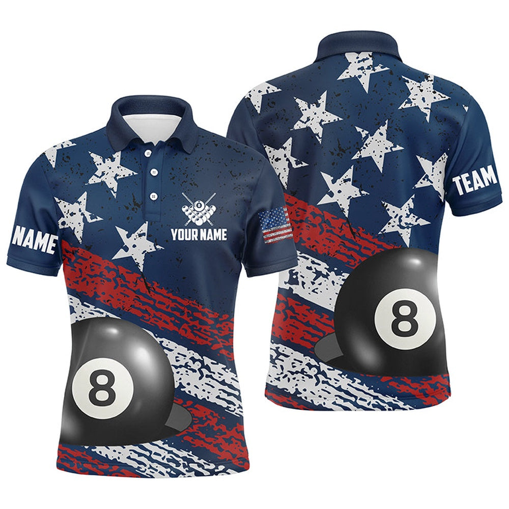 Billiard Polo Shirts, Grunge American Flag 8 Ball Pool Billiard Polo Shirts Custom Patriotic Billiard Attire Jerseys, Billiards Team Shirts