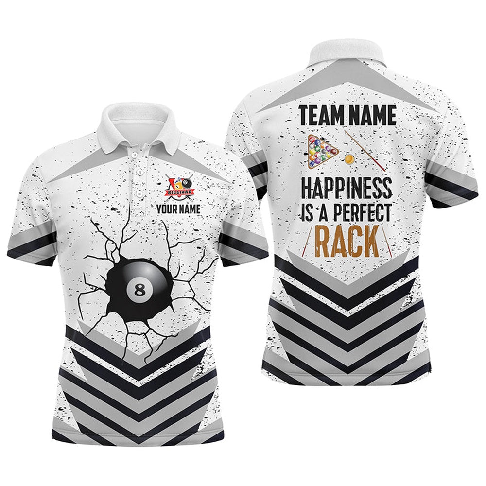 Billiard Polo Shirts, Happiness Is A Perfect Rack 8 Ball Billiard Sports Style Custom Name Polo Shirts, Billiards Team Shirts