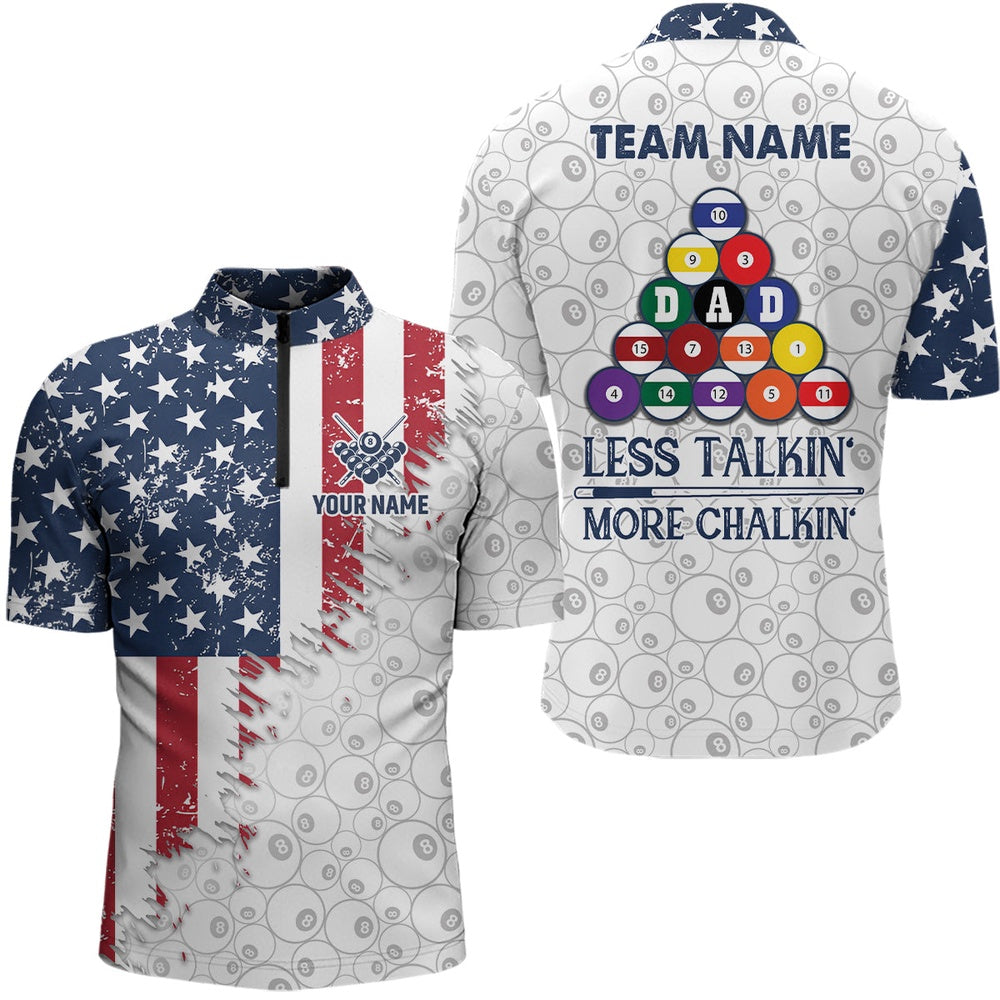 Billiard Polo Shirts, Less Talkin' More Chalkin' US Flag Billiard Shirts Custom Father's Day Billiard Gift Idea, Billiards Team Shirts