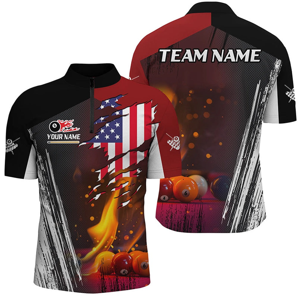 Billiard Polo Shirts, Patriotic Us Flag Billiard Balls Fire Flame Custom Billiard Polo Shirts, Billiard Team Jerseys, Billiards Team Shirts