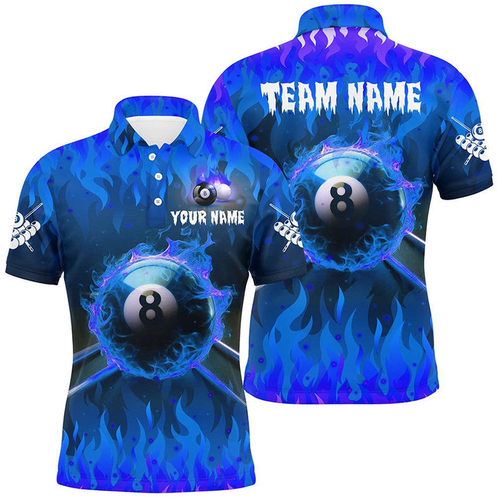 Billiard Polo Shirts, Personalized 3D 8 Ball Pool &Cue Fire Polo Shirts Custom Billiard Apparel Jerseysâ Blue, Billiards Team Shirts
