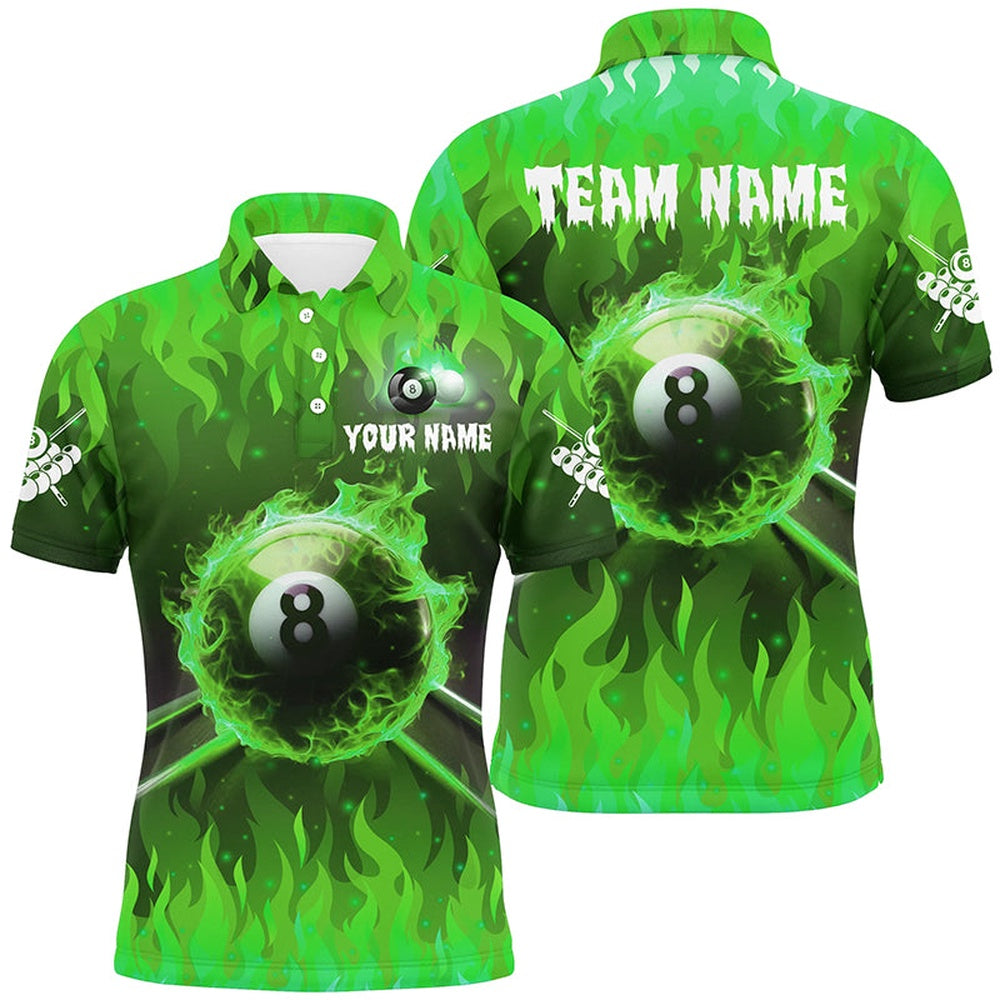 Billiard Polo Shirts, Personalized 3D 8 Ball Pool &Cue Fire Polo Shirts Custom Billiard Apparel Jerseysâ Green, Billiards Team Shirts
