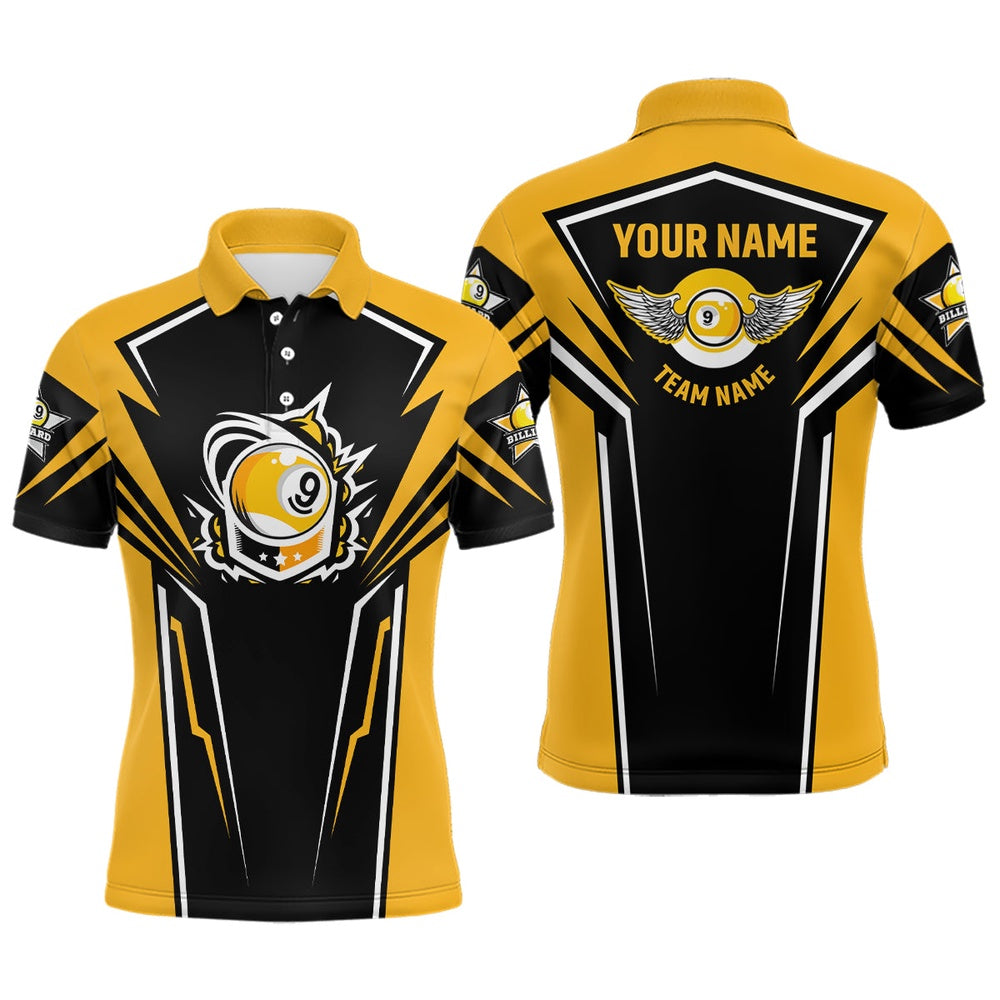 Billiard Polo Shirts, Personalized 3D Funny Billiards Polo Shirts, Custom Name 9 Ball Pool Yellow Jerseys, Billiards Team Shirts