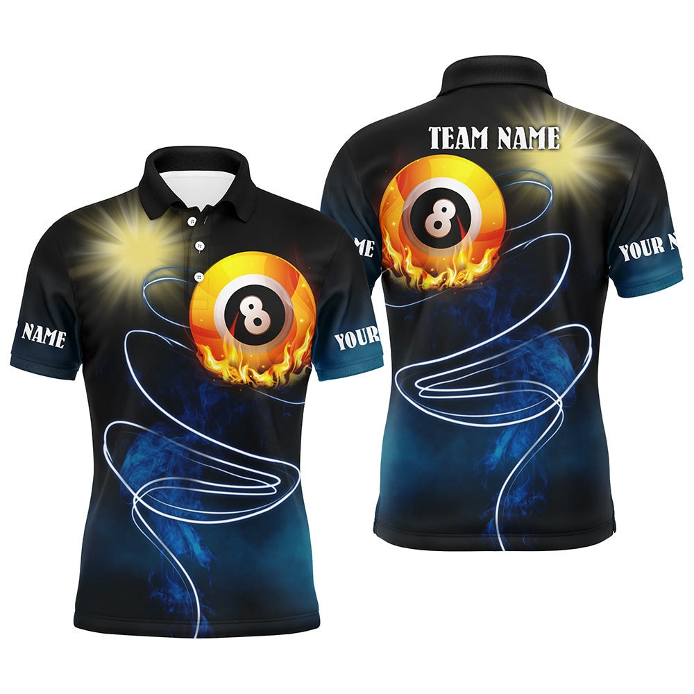 Billiard Polo Shirts, Personalized 8 Ball Billiard Flame Full Printing Billiard Polo Shirts, Billiard Lover Gift, Billiards Team Shirts