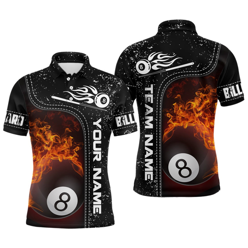 Billiard Polo Shirts, Personalized 8 Ball Flame Billiard Black 3D Polo Shirts, Custom Name Billiard Team Shirts, Billiards Team Shirts