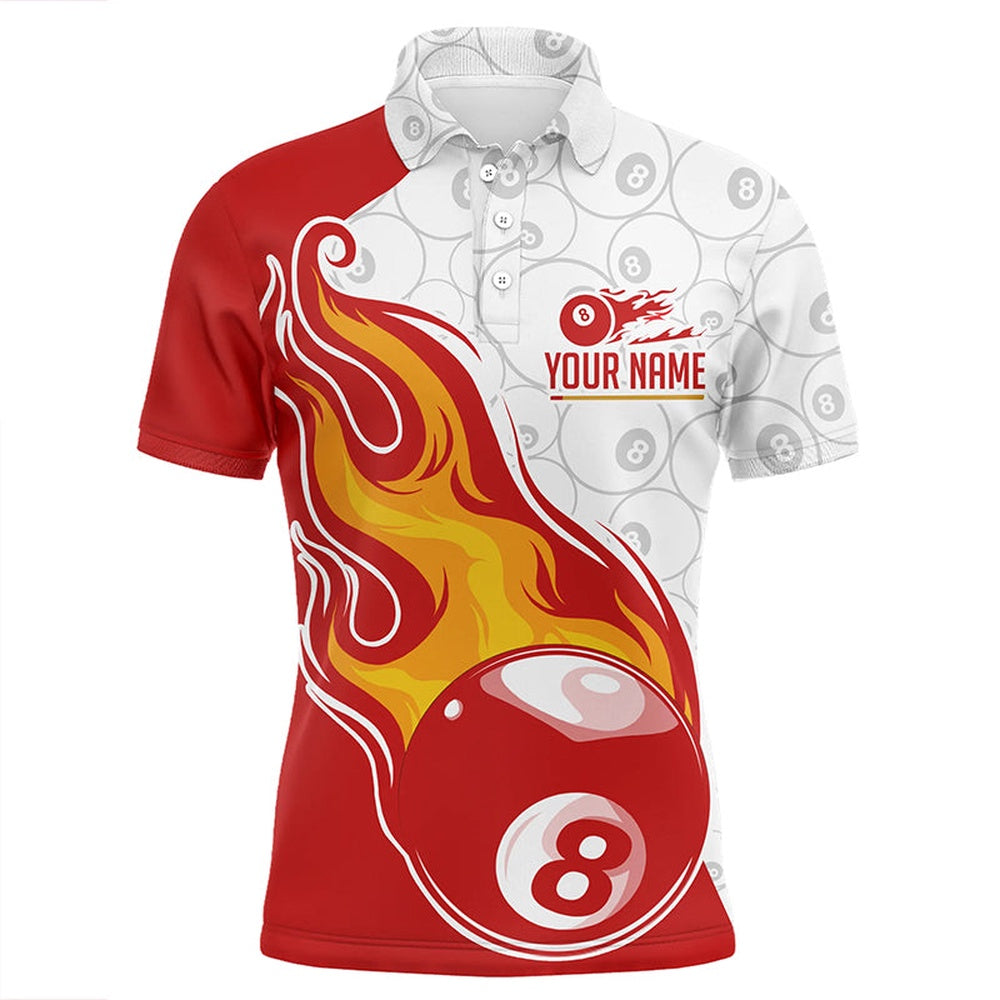Billiard Polo Shirts, Personalized 8 Ball Flame Billiard White Red 3D Polo Shirts, Custom 8 Ball Pool Shirts, Billiards Team Shirts