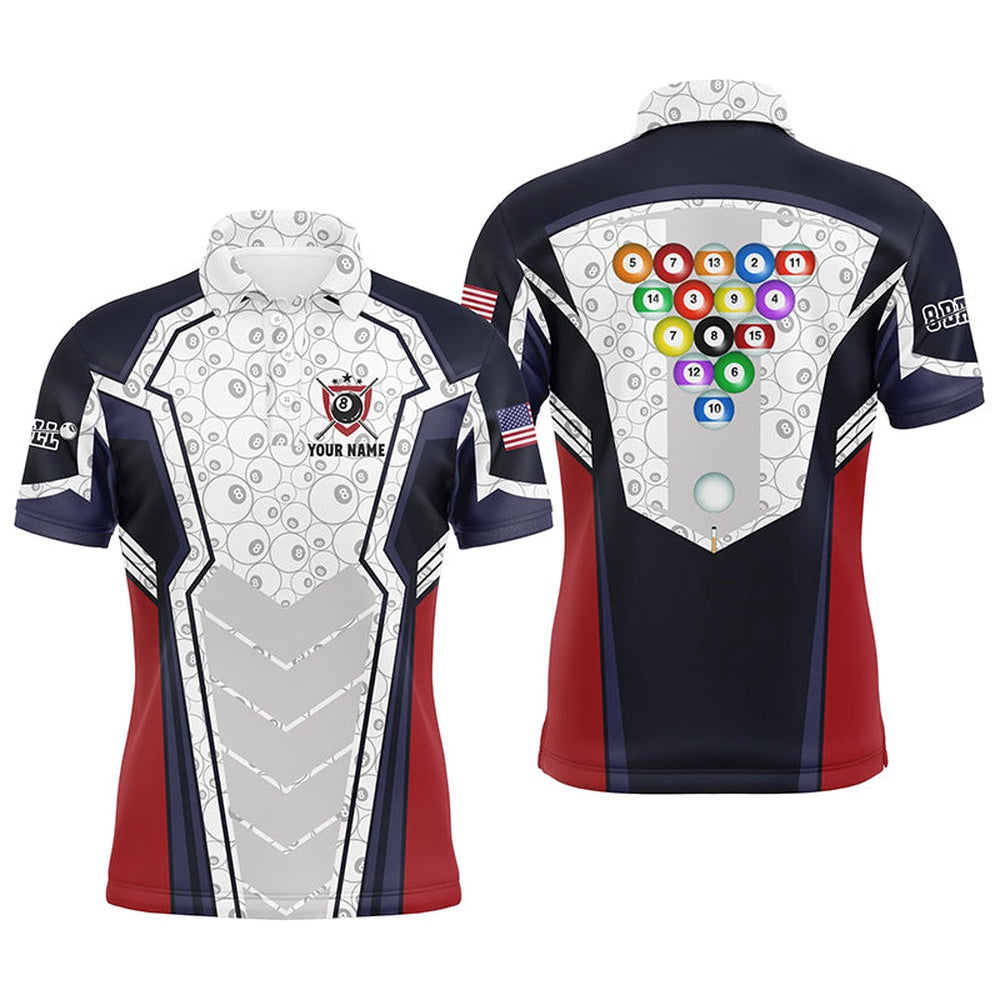 Billiard Polo Shirts, Personalized 8 Ball Pattern Billiard 3D Polo Shirts, Custom Name US Flag Billiard Shirts, Billiards Team Shirts