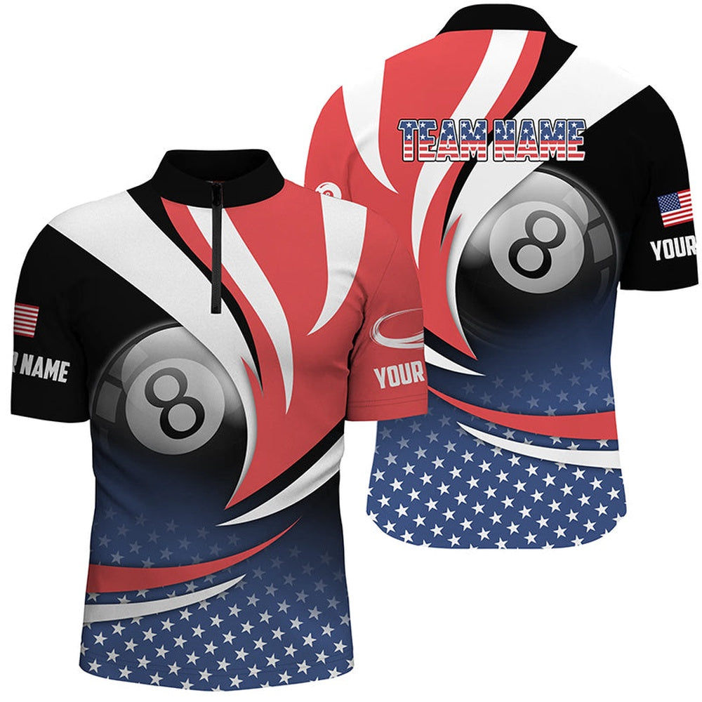 Billiard Polo Shirts, Personalized 8 Ball Pool American Flag Version Billiard Shirts, Patriotic Billiard Jerseys, Billiards Team Shirts