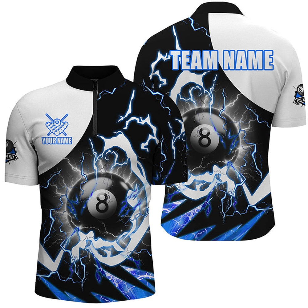 Billiard Polo Shirts, Personalized 8 Ball Pool Billiard Polo Shirt Custom Lightning Thunder Blue Billiard Team Jersey, Billiards Team Shirts