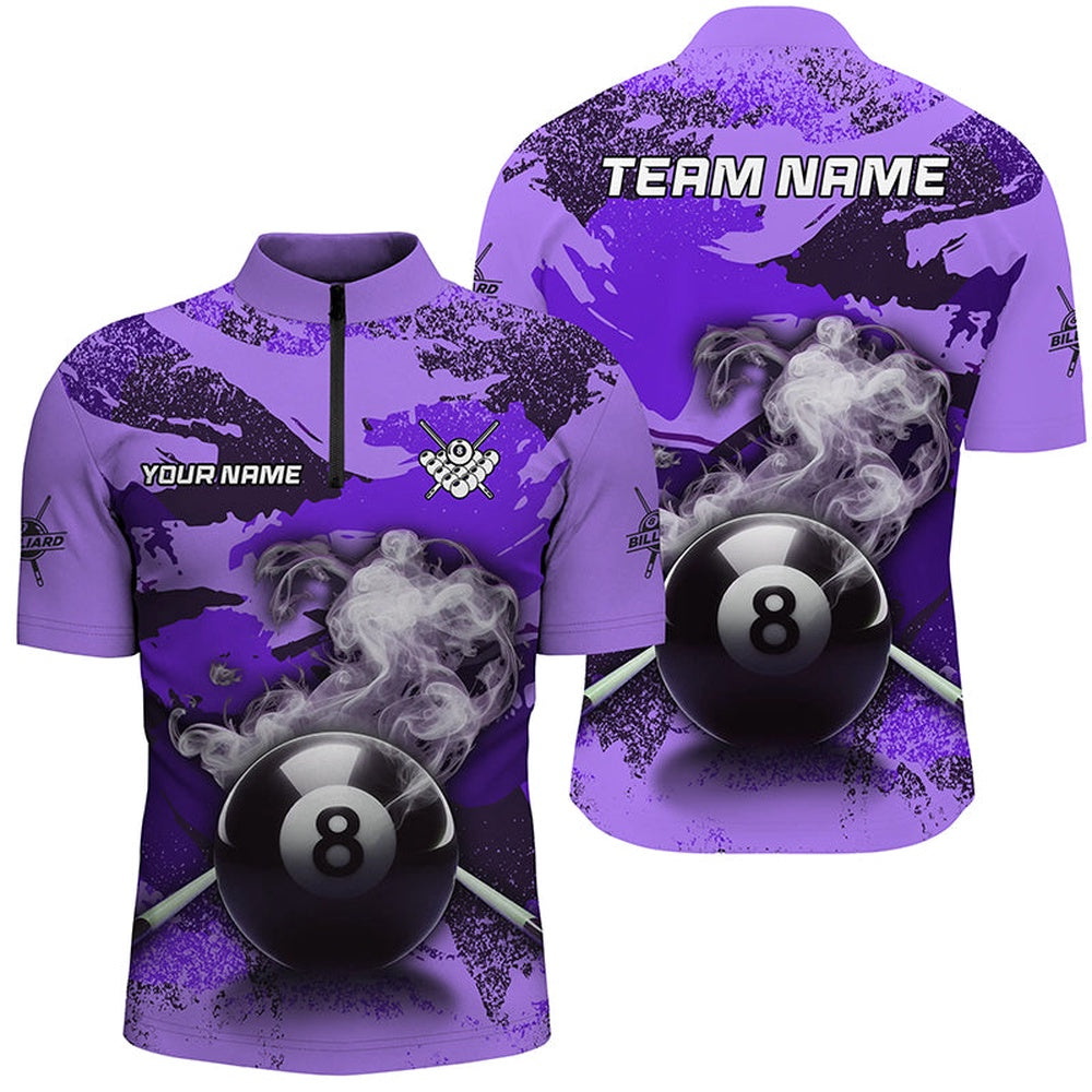 Billiard Polo Shirts, Personalized 8 Ball Pool & Cue Smoke Custom Purple Camo Billiard Shirts, Billiard Snooker Outfits, Billiards Team Shirts