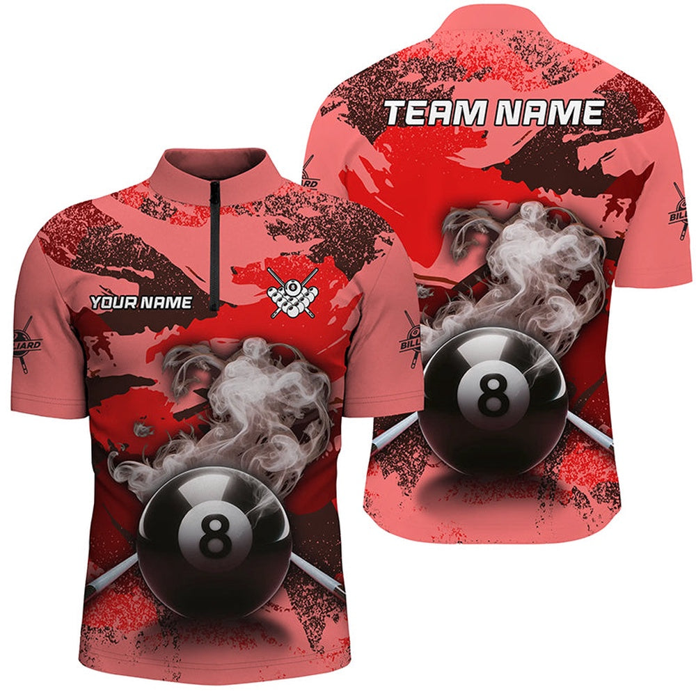 Billiard Polo Shirts, Personalized 8 Ball Pool & Cue Smoke Custom Red Camo Billiard Shirts, Billiard Snooker Outfits, Billiards Team Shirts