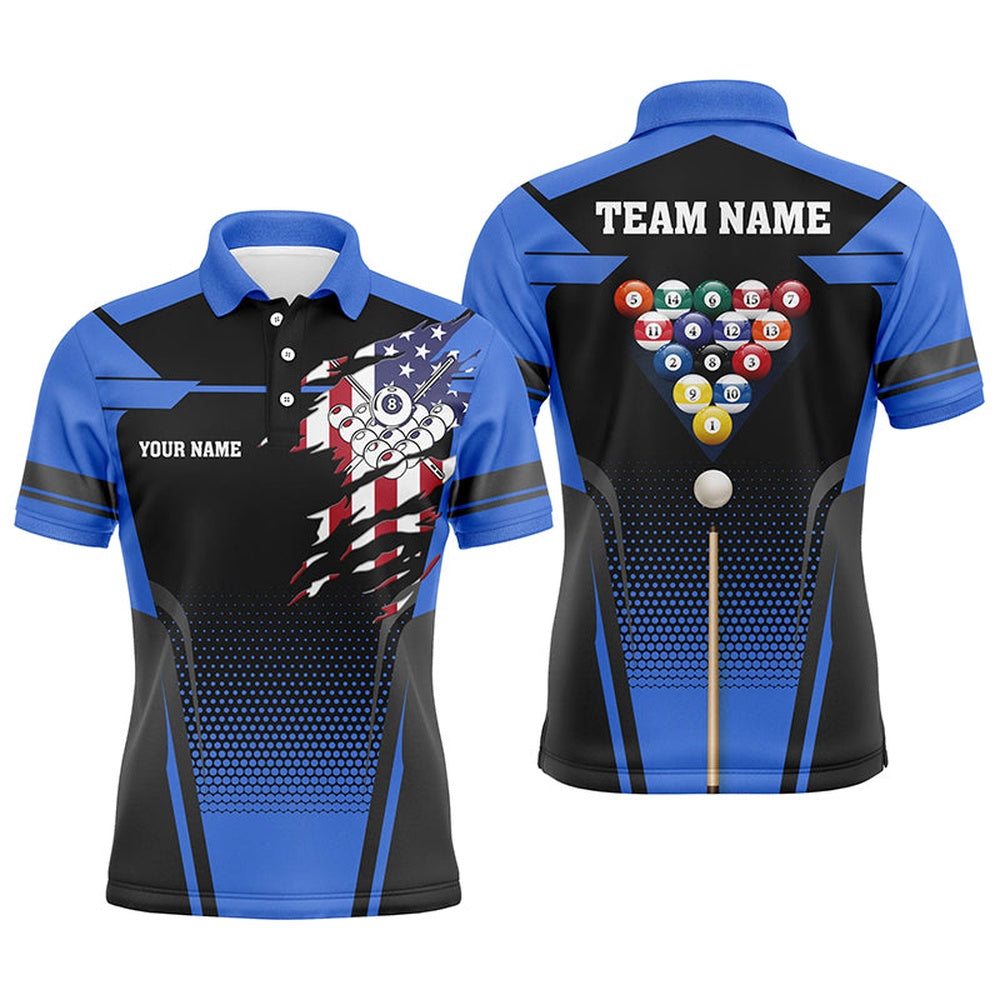 Billiard Polo Shirts, Personalized 8 Ball Pool US Flag Billiard Blue 3D Polo Shirts, Custom Billiards Jerseys, Billiards Team Shirts