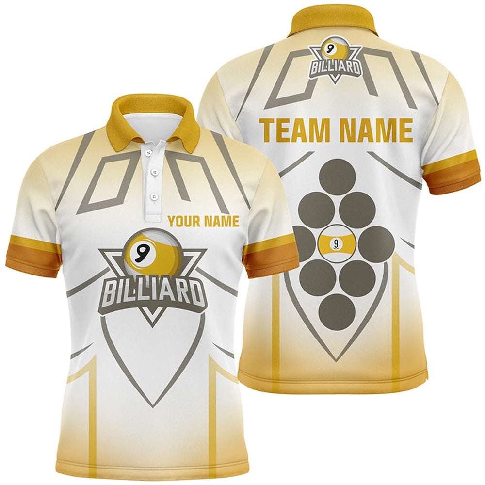 Billiard Polo Shirts, Personalized 9 Ball Pool Yellow White Billiard 3D Polo Shirts, 9 Ball Billiard Jerseys, Billiards Team Shirts