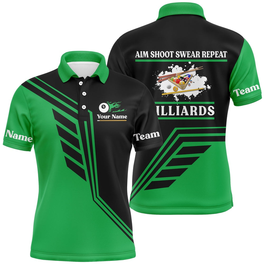 Billiard Polo Shirts, Personalized Aim Shoot Swear Repeat Billiard Polo Shirts, Green Black Billiard Jerseys, Billiards Team Shirts