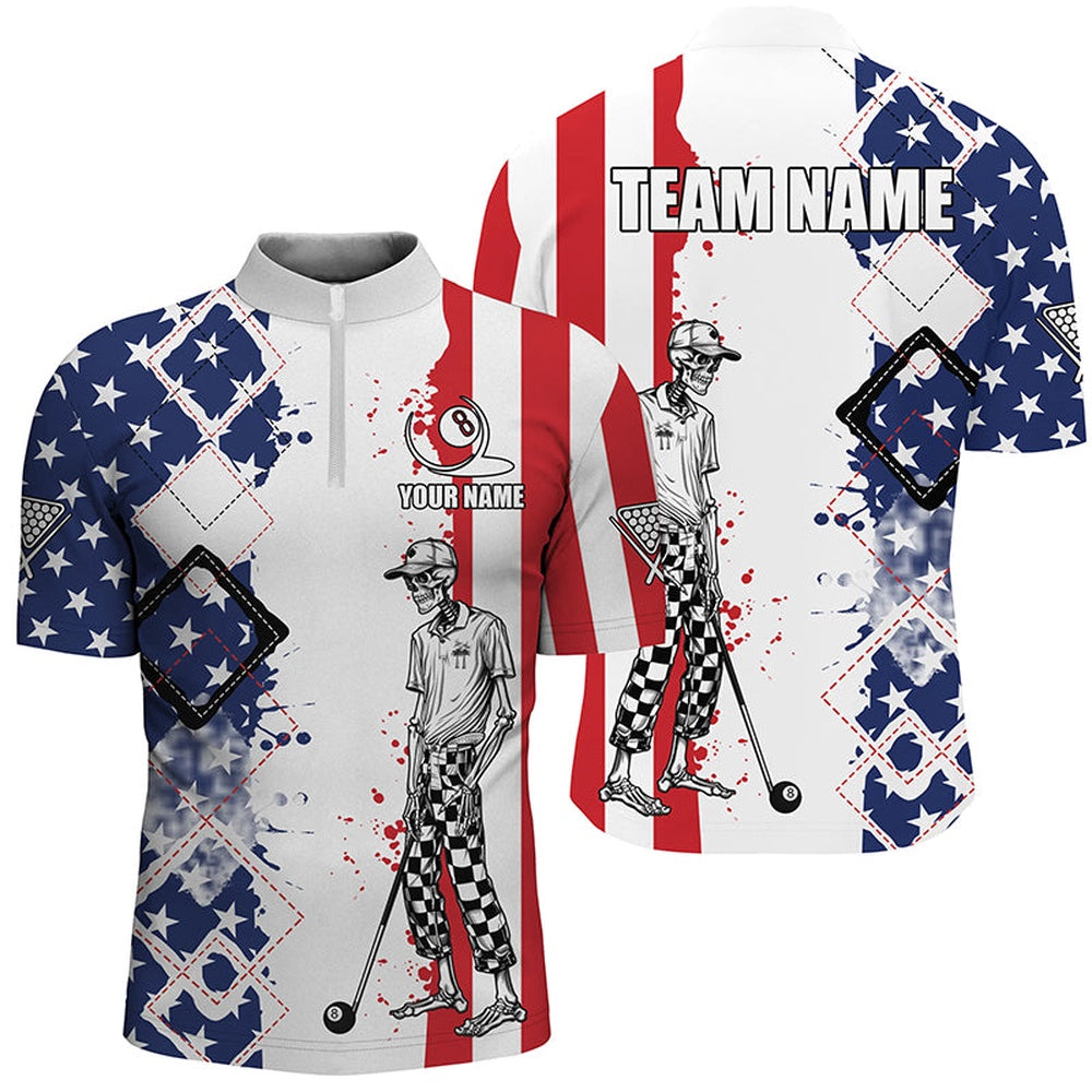 Billiard Polo Shirts, Personalized Argyle Us Flag Funny Skeleton Billiard Shirts, Patriotic Billiard Team Jerseys, Billiards Team Shirts