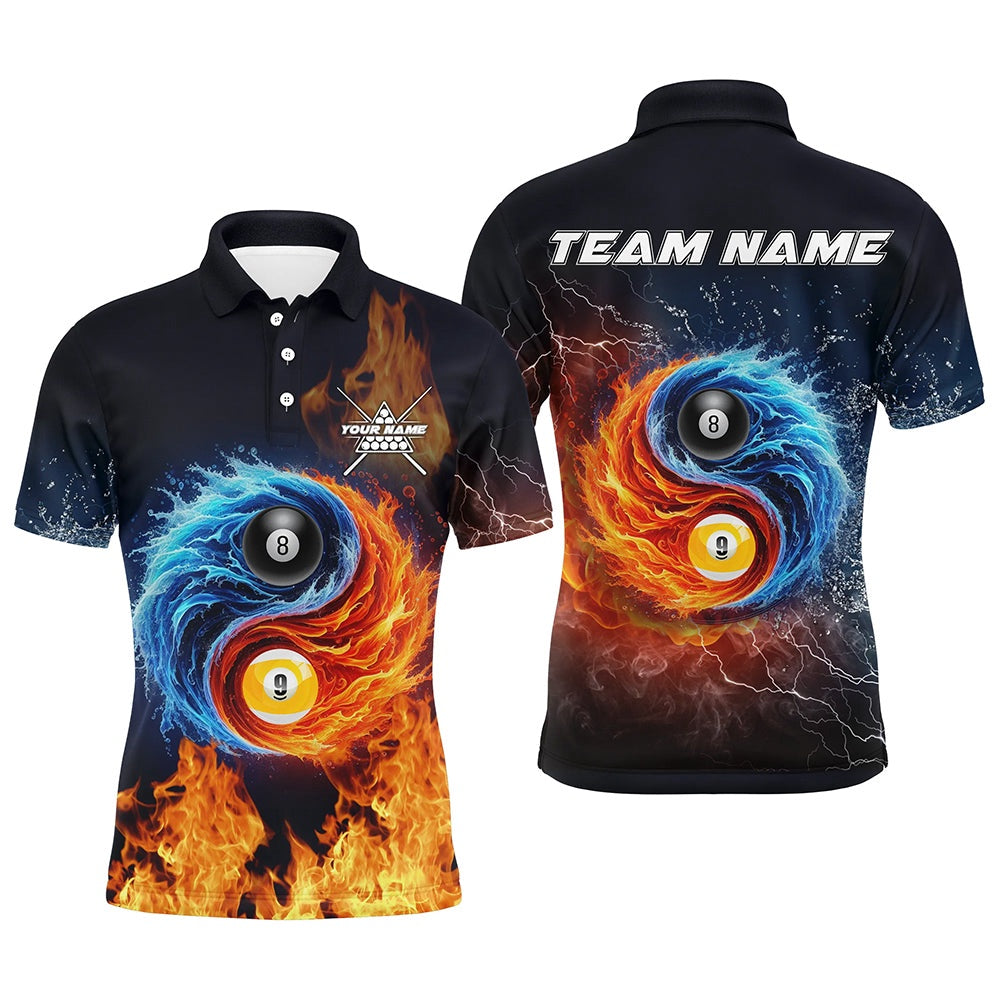 Billiard Polo Shirts, Personalized Billiard 8 Ball & 9 Ball 3D Water And Fire Polo Shirts, Billiard Attire Jerseys, Billiards Team Shirts