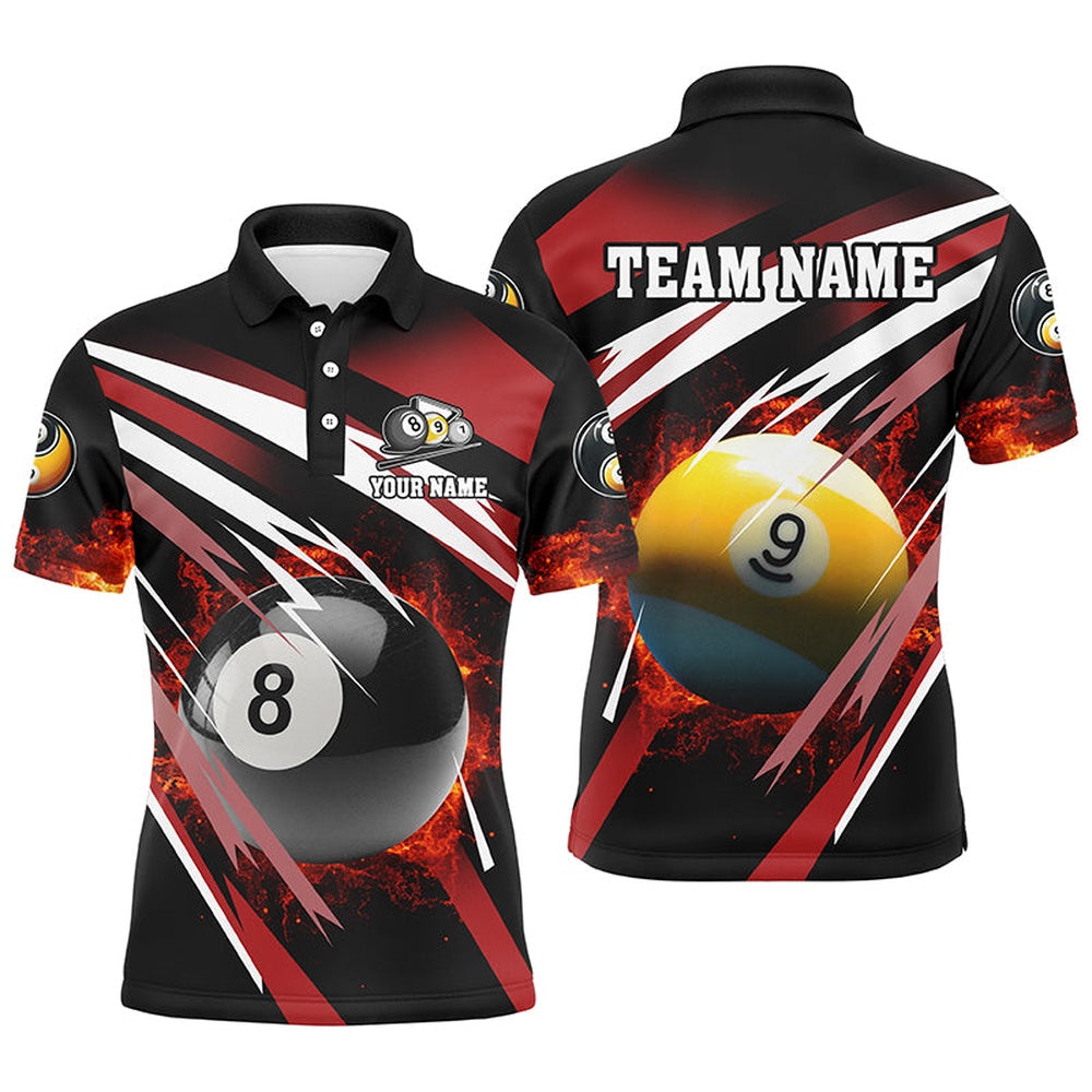 Billiard Polo Shirts, Personalized Billiard 8 Ball & 9 Ball Fire Polo Shirts Custom Billiard Jersey Attire Red, Billiards Team Shirts