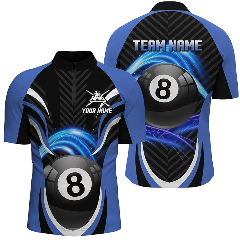 Billiard Polo Shirts, Personalized Billiard 8 Ball Blue Version Polo Shirts Custom Pool League Jerseys For Team, Billiards Team Shirts