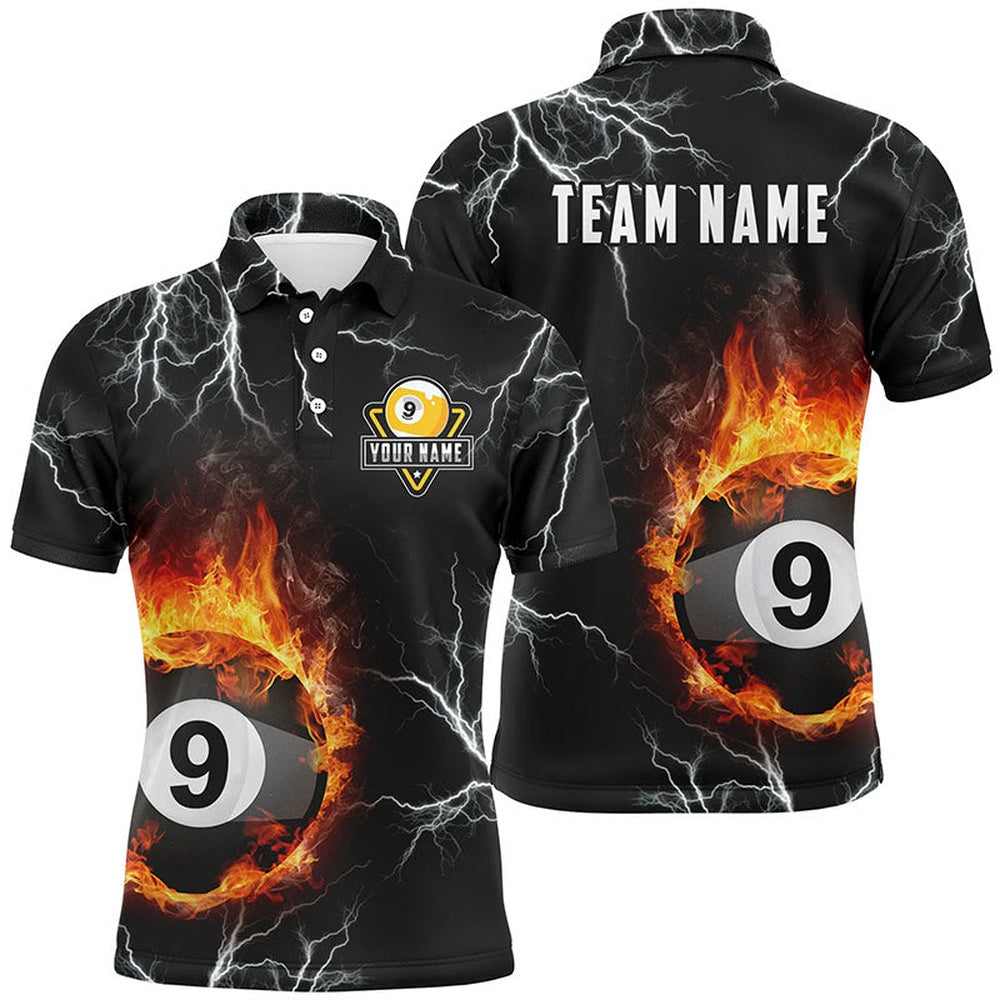 Billiard Polo Shirts, Personalized Billiard 9 Ball Fire Flame Polo Shirts, Custom 9 Ball Pool Billiards Jerseys, Billiards Team Shirts