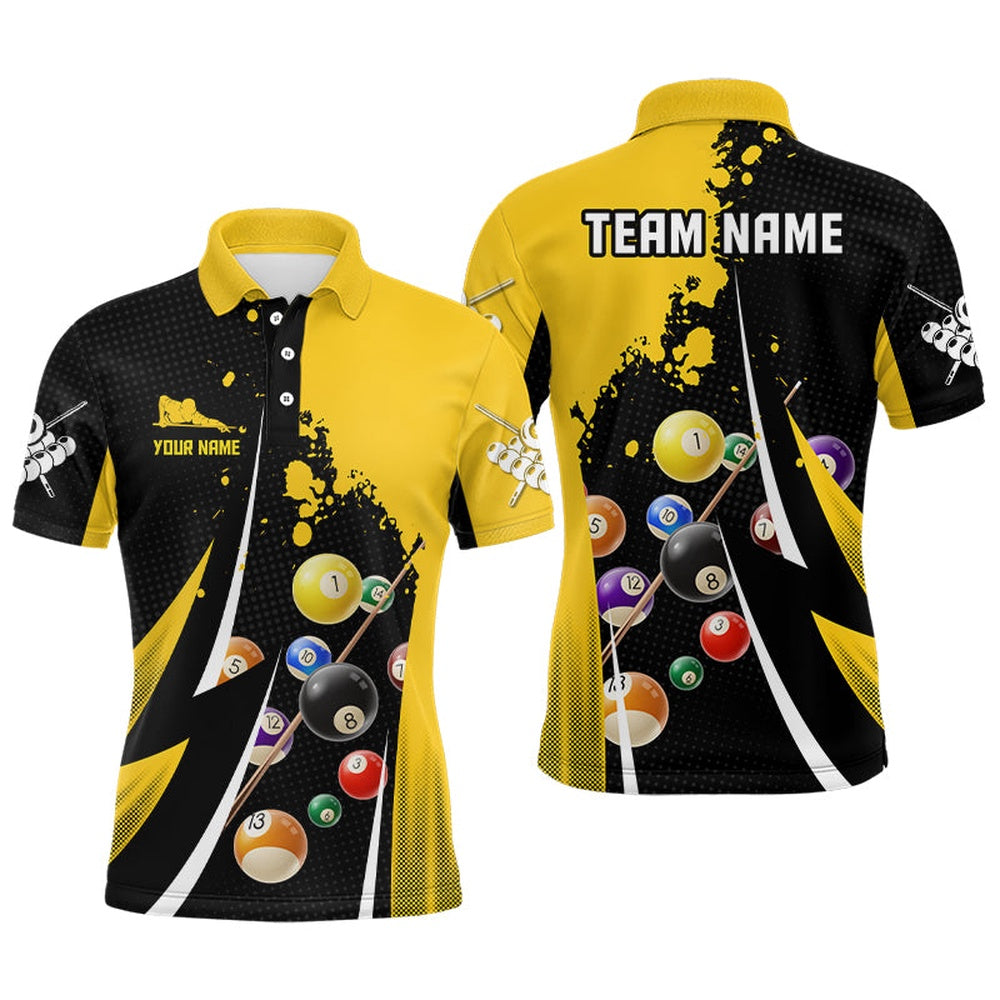 Billiard Polo Shirts, Personalized Billiard Balls 3D Print Black Yellow Billiard Player Polo Shirts, Billiards Team Shirts