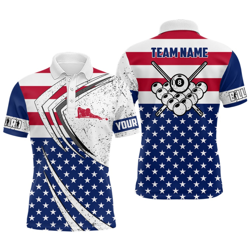 Billiard Polo Shirts, Personalized Billiard Balls American Flag Polo Shirts Custom Patriotic Billiard Player Outfit, Billiards Team Shirts