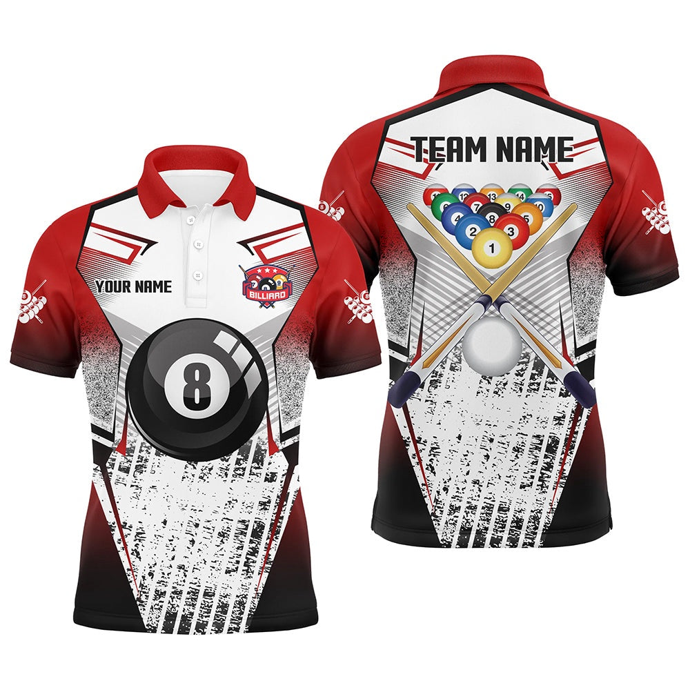 Billiard Polo Shirts, Personalized Billiard Balls And Cue Red Grunge Style Polo Shirts Custom Billiard Jerseys Sport, Billiards Team Shirts