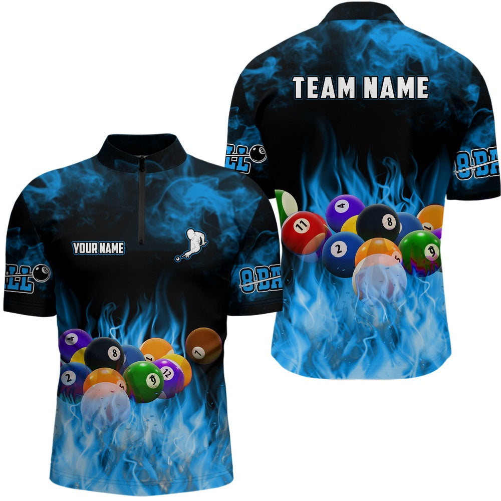 Billiard Polo Shirts, Personalized Billiard Balls Flame Billiard Blue 3D Polo Shirts, Custom 8 Ball Pool Jerseys, Billiards Team Shirts