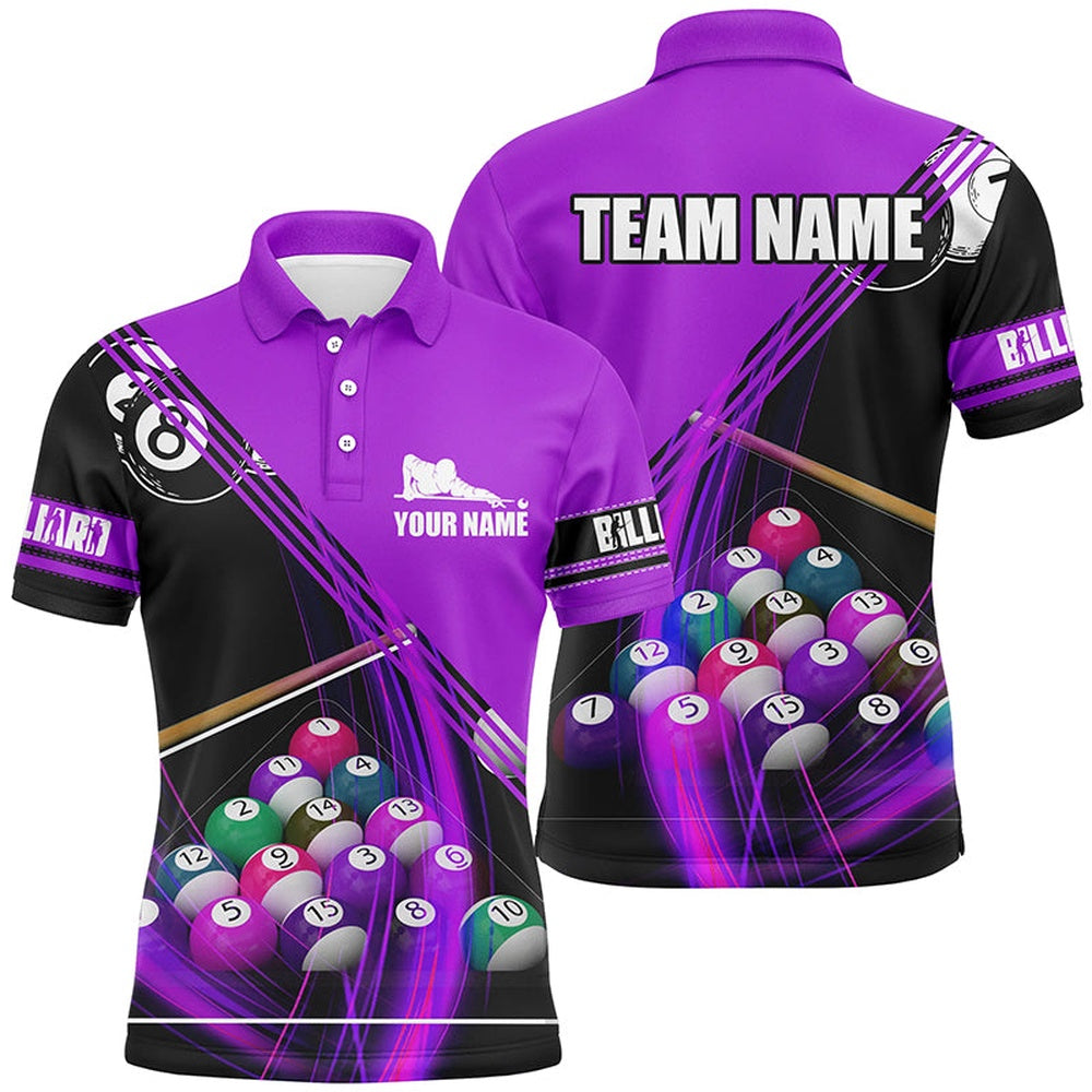 Billiard Polo Shirts, Personalized Billiard Balls Purple 3D Polo Shirts, Custom Player Billiards Pool Jerseys, Billiards Team Shirts
