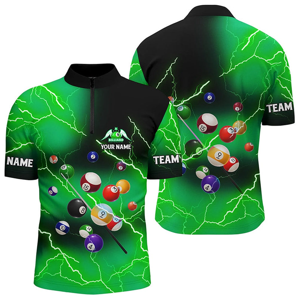 Billiard Polo Shirts, Personalized Billiard Balls Thunder Lightning Green Version Custom Name 3D Polo Shirts, Billiards Team Shirts
