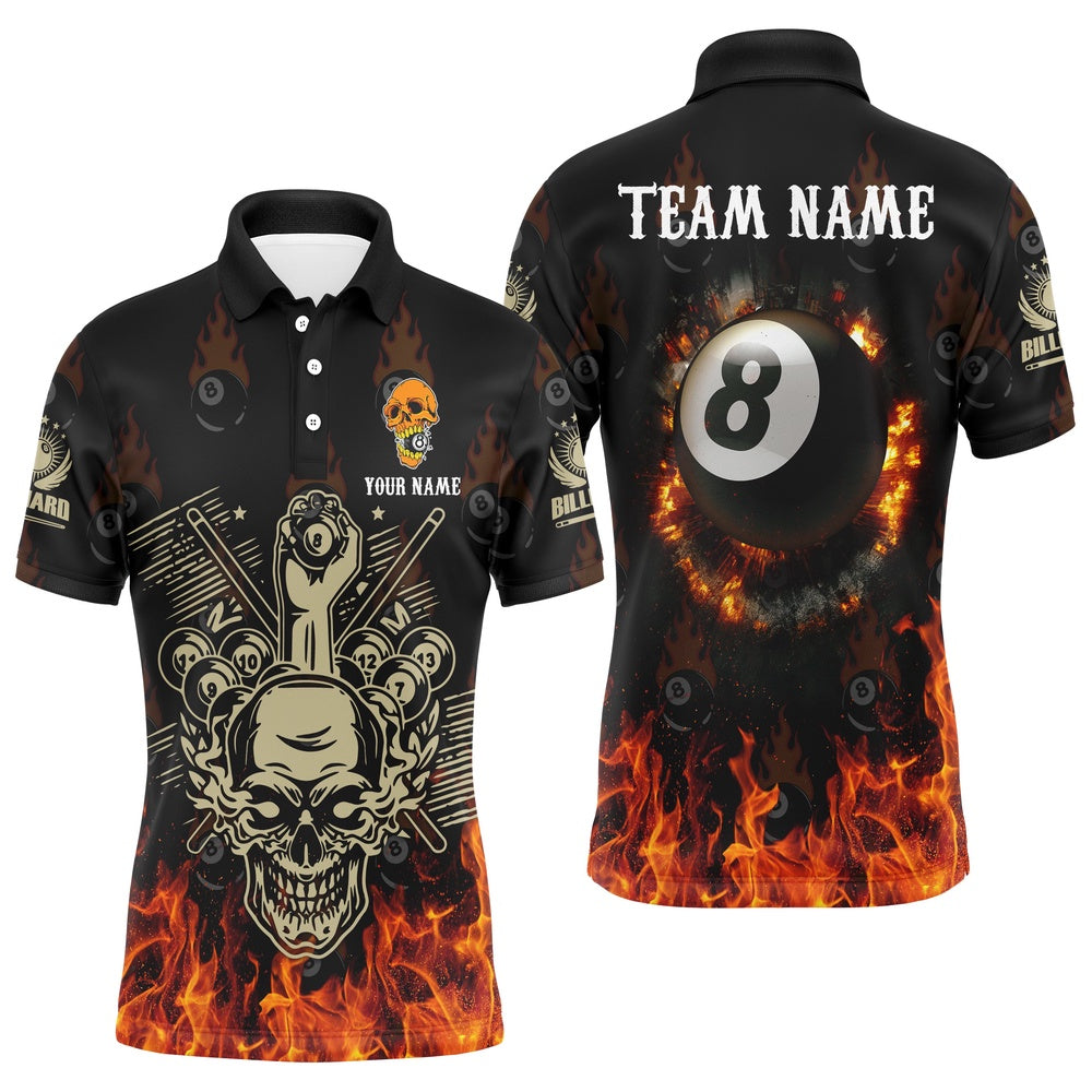 Billiard Polo Shirts, Personalized Billiard Skull 8 Ball Pool Fire Polo Shirts Custom Ball 8 Billiard Shirts, Billiards Team Shirts