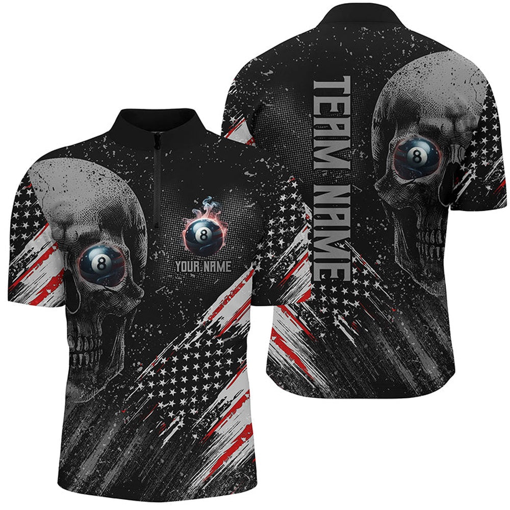Billiard Polo Shirts, Personalized Billiard Skull 8 Ball Pool Smoke Us Flag Polo Shirts, Patriotic Billiards Outfit, Billiards Team Shirts
