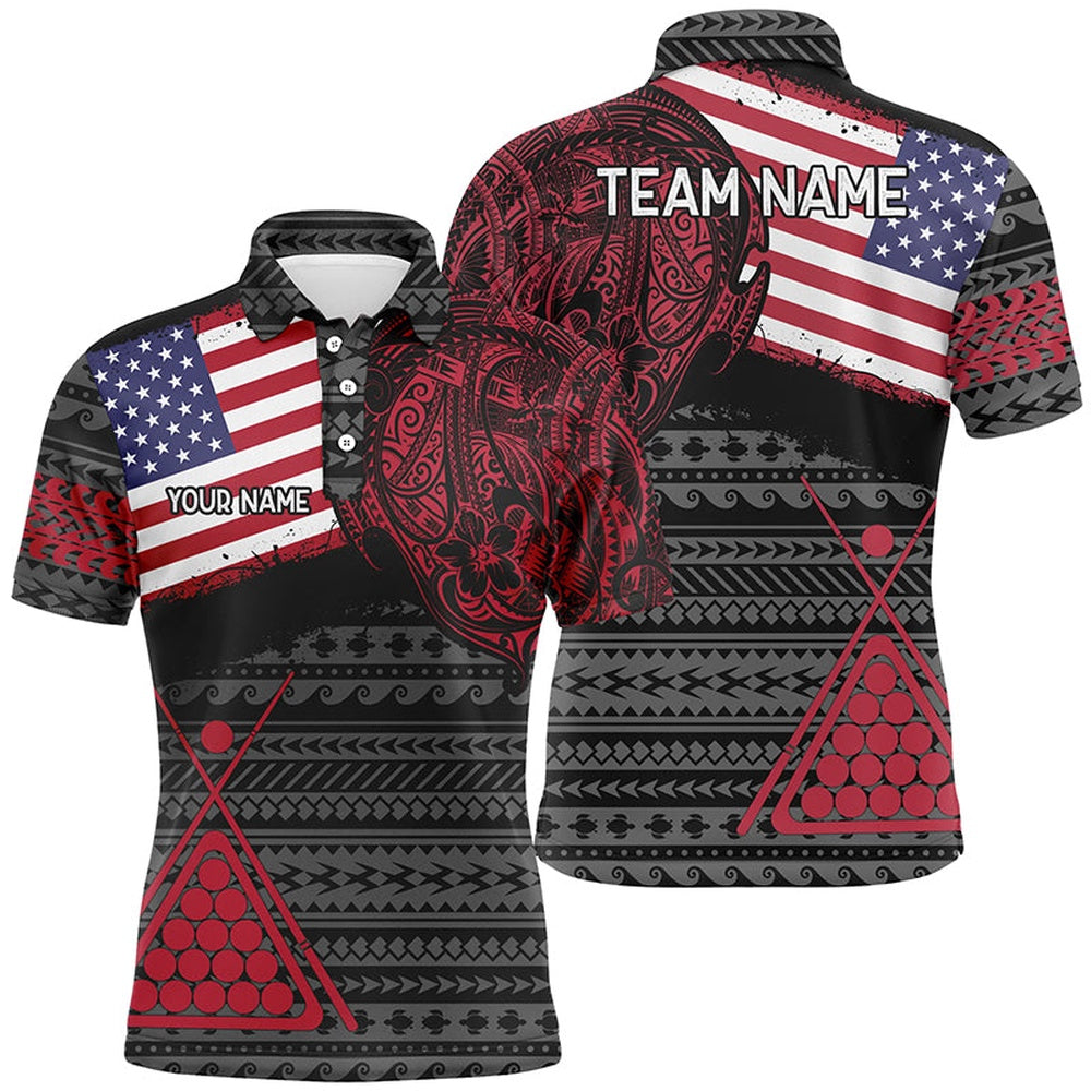Billiard Polo Shirts, Personalized Billiard Tribal Pattern American Flag Polo Shirts, Custom Billiard Jerseys, Billiards Team Shirts