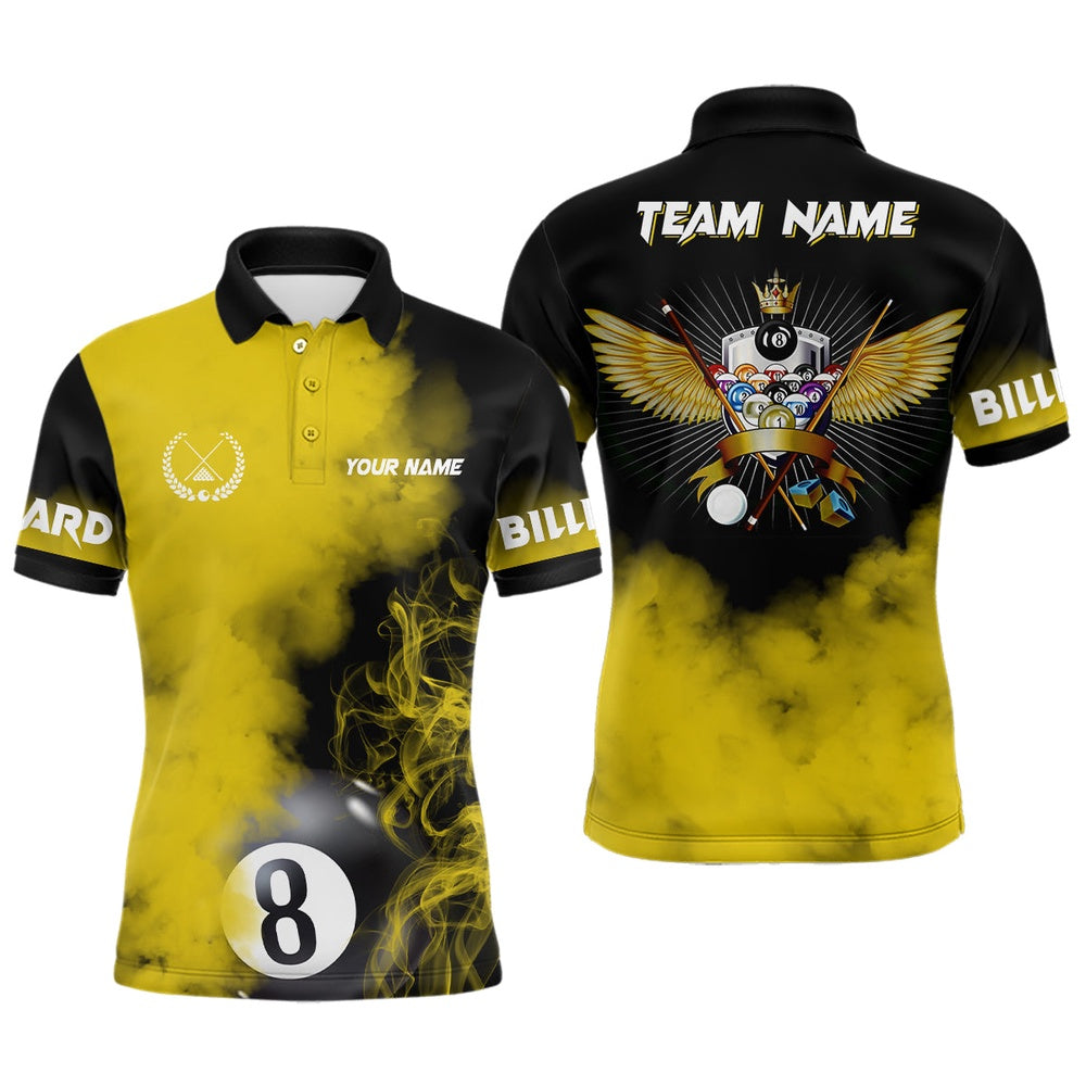 Billiard Polo Shirts, Personalized Billiard Wings Yellow Smoke 3D Shirts Custom 8 Ball Pool Polo Shirts, Billiards Team Shirts