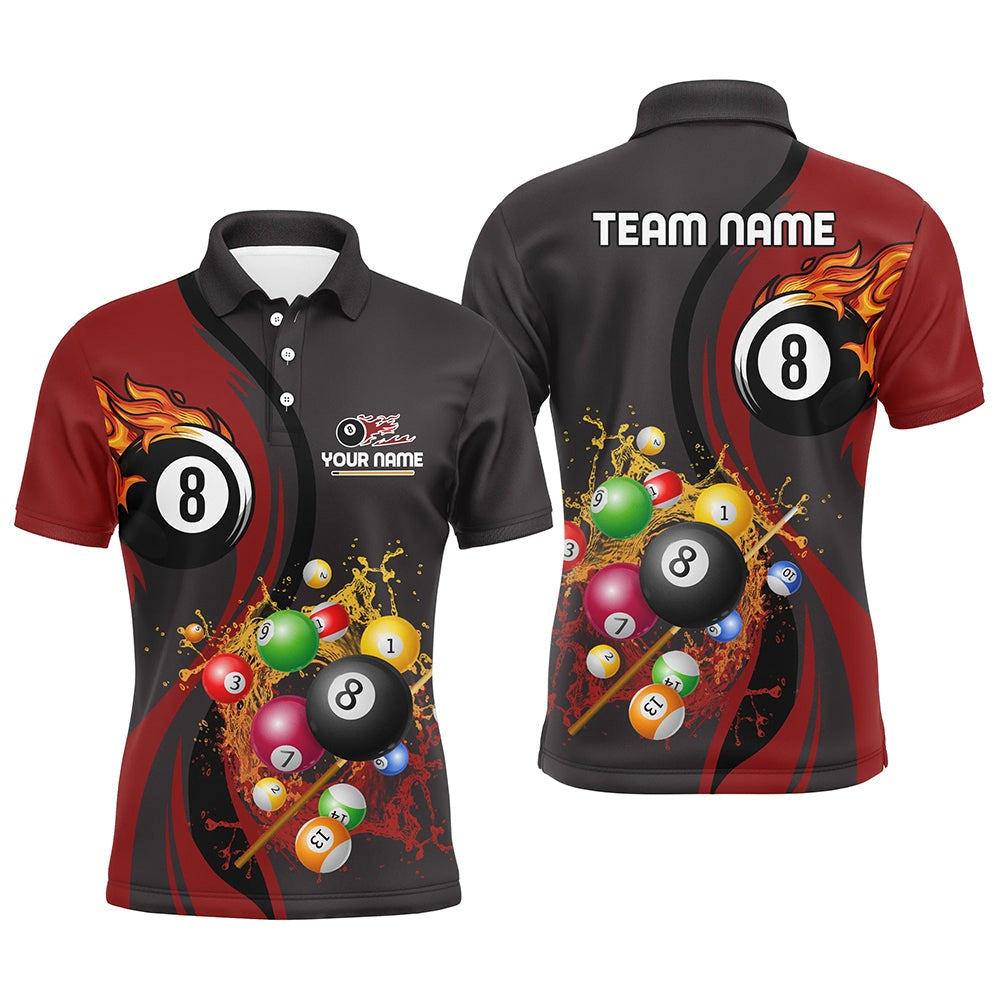 Billiard Polo Shirts, Personalized Billiards Ball 8 Water Flow Polo Shirts, Custom 8 Ball Flame Billiard Jerseys, Billiards Team Shirts