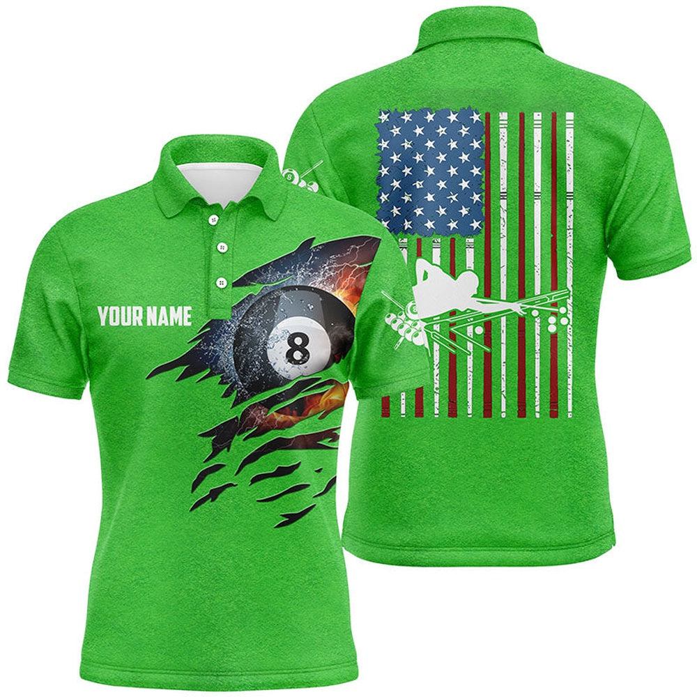 Billiard Polo Shirts, Personalized Billiards Green American Flag Polo Shirts, Custom 8 Ball Pool Billiards Shirts, Billiards Team Shirts