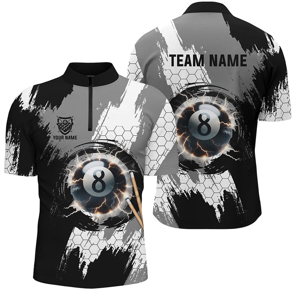 Billiard Polo Shirts, Personalized Black Grey Lightning 8 Ball Billiards 3D Shirts 8 Ball Pool Team Jerseys, Billiards Team Shirts