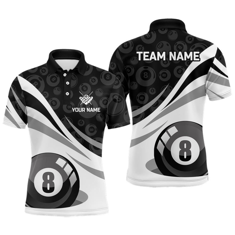 Billiard Polo Shirts, Personalized Black White 8 Ball Pool Billiard Jerseys Polo Shirts Custom Billiard Uniform, Billiards Team Shirts