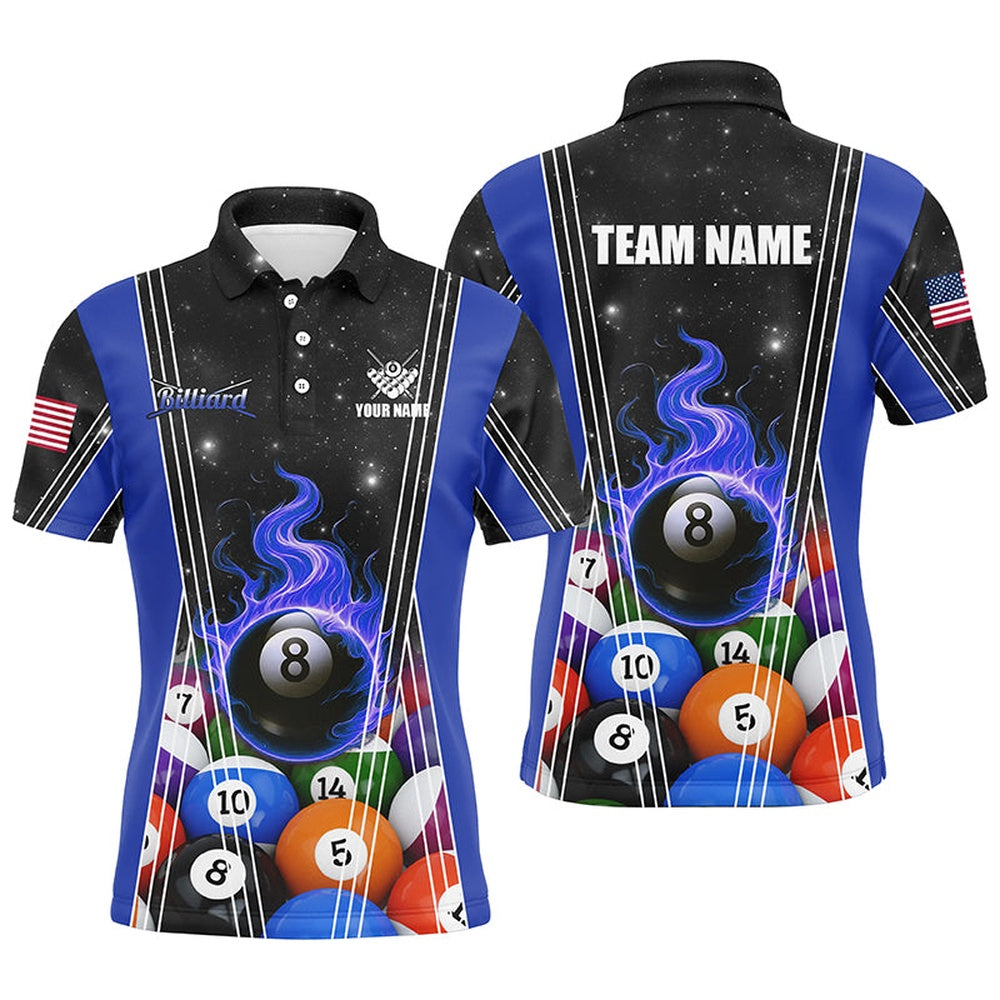 Billiard Polo Shirts, Personalized Blue 8 Ball Pool Fire Flame Billiard Balls Polo Shirt Custom Billiard Team Jerseys, Billiards Team Shirts