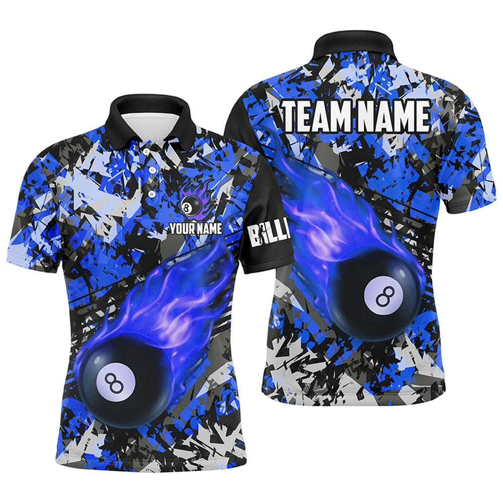 Billiard Polo Shirts, Personalized Blue Billiard Ball 8 Fire Flame Polo Shirt Custom 8 Ball Pool Billiard Team Jersey, Billiards Team Shirts