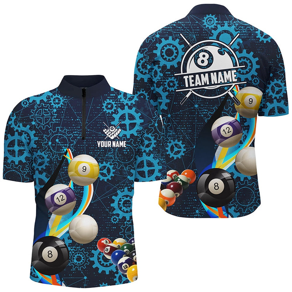 Billiard Polo Shirts, Personalized Blue Billiard Balls Gear Pattern Billiard Shirts Custom Colorful Billiard Jerseys, Billiards Team Shirts