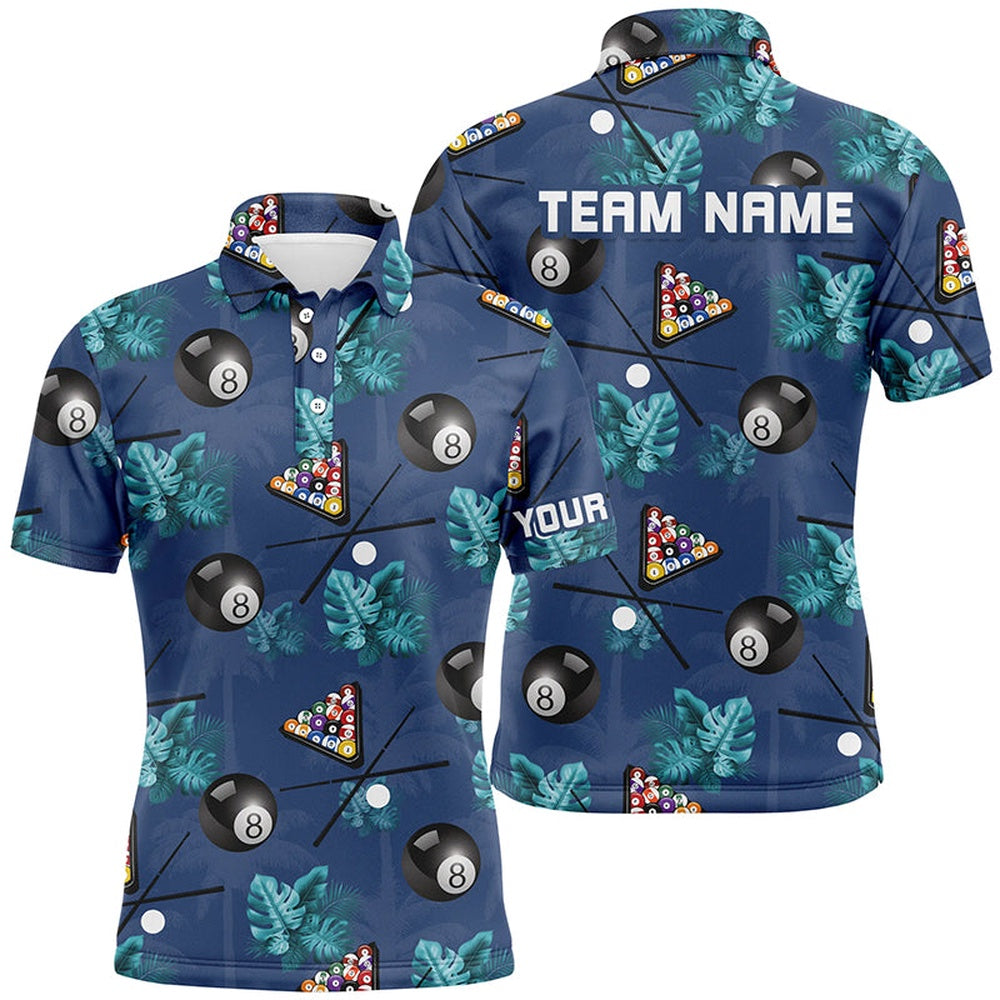 Billiard Polo Shirts, Personalized Blue Billiard Tropical Full Printing Polo Shirts Best Custom Billiard Outfit Idea, Billiards Team Shirts