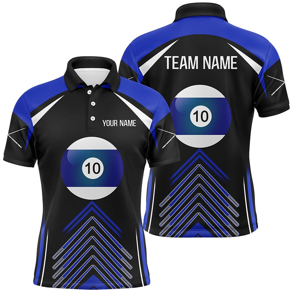 Billiard Polo Shirts, Personalized Blue Black 10 Ball Billiard Polo Shirts, Custom 10 Ball Pool Billiards Jerseys, Billiards Team Shirts
